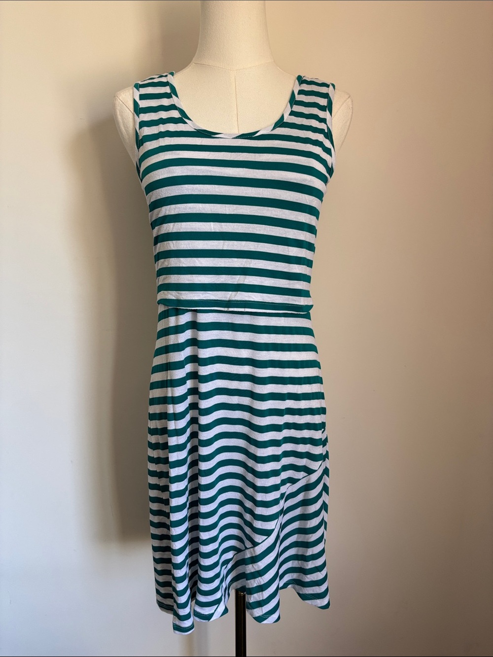 Striped Green and White Sleeveless Midi Dress